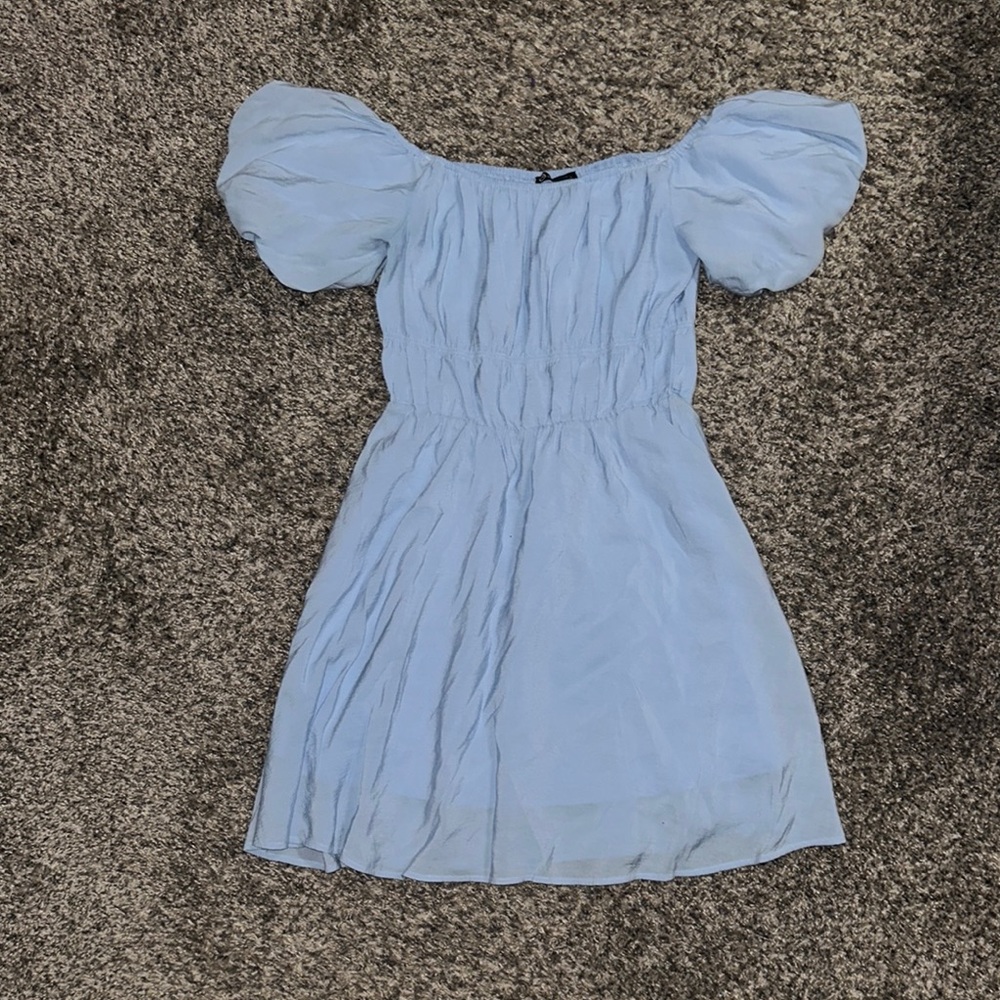 Blue Off-the-Shoulder Puff Sleeve Mini Sundress